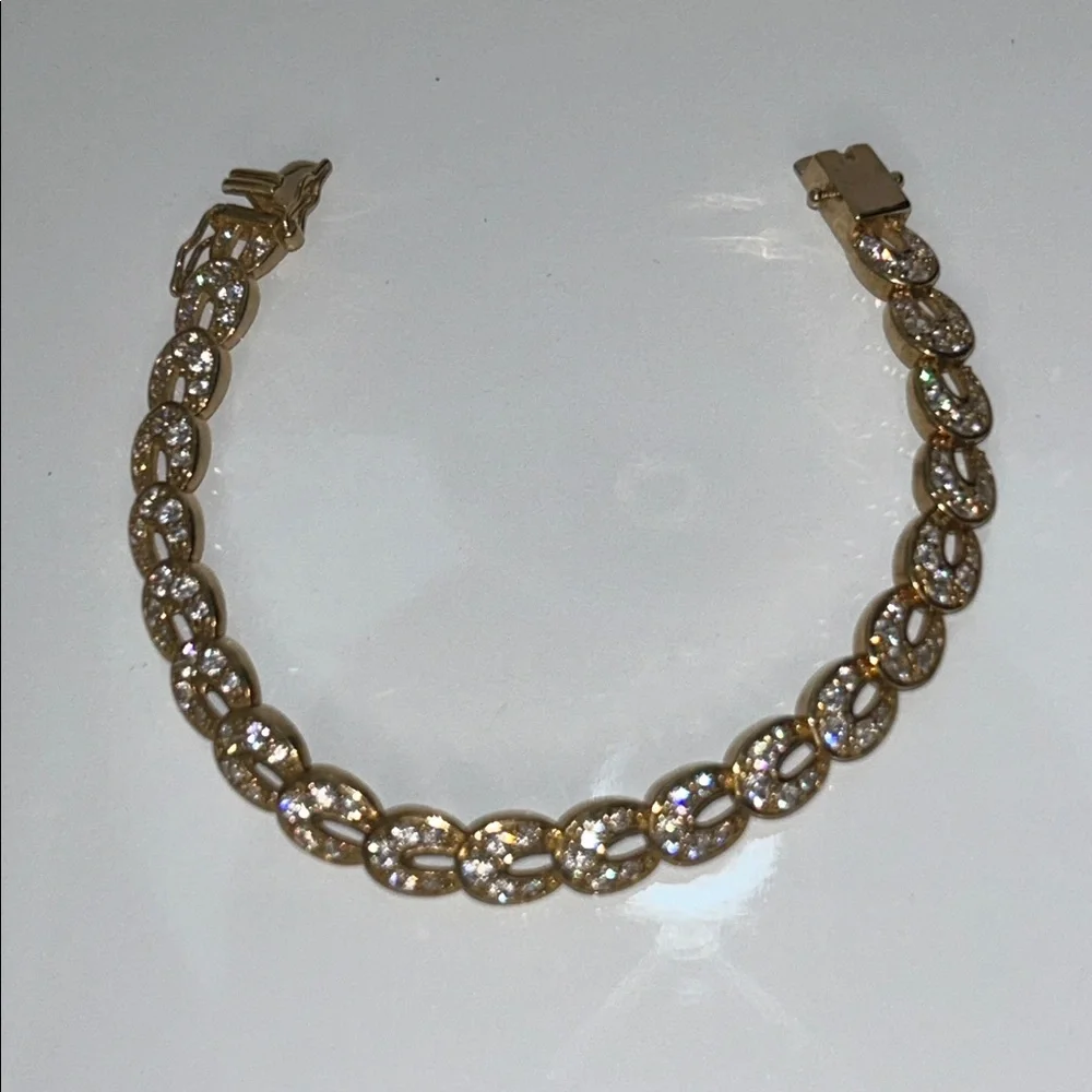 NWOT Gold Plt Sterling Silver Rhinestone Horseshoe Link Designer Line Bracelet